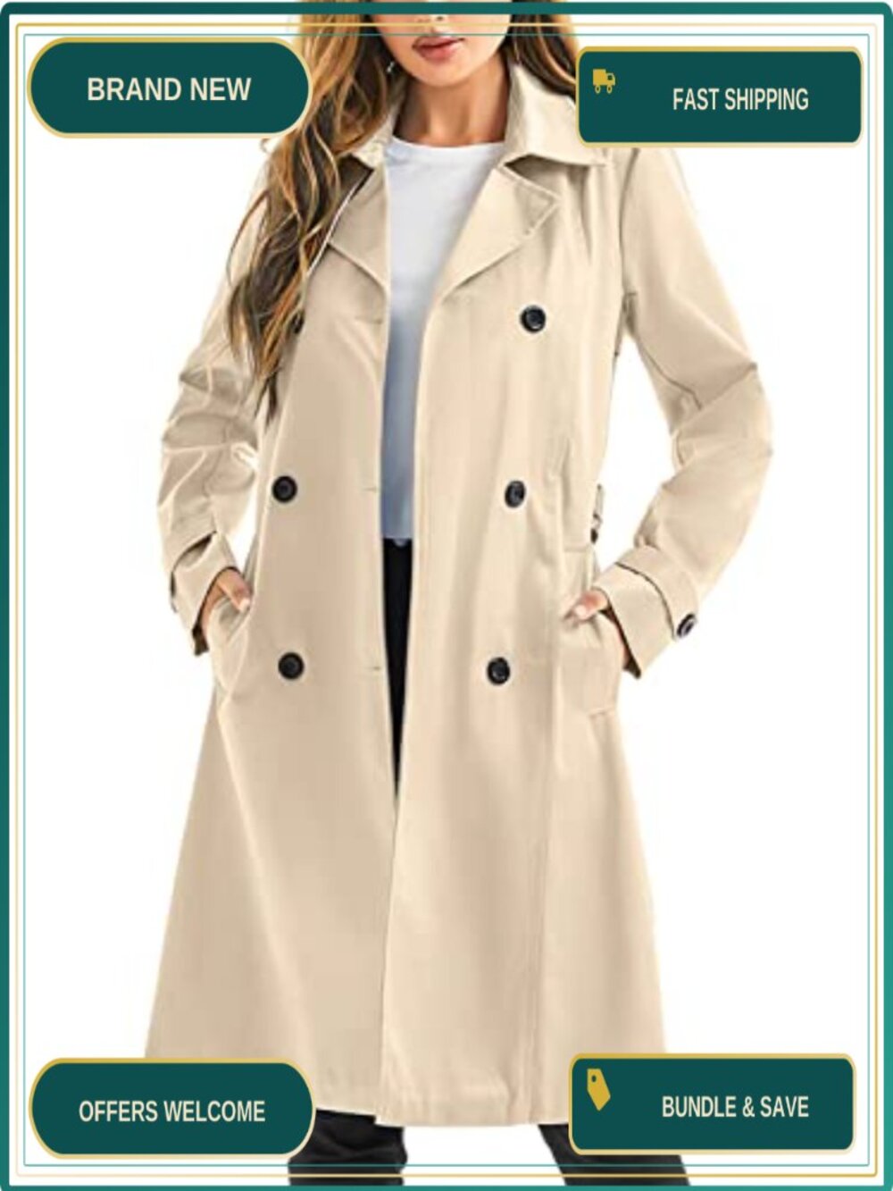 Waterproof Long Trench Coat Double Breasted Belted Windbreaker with Hood